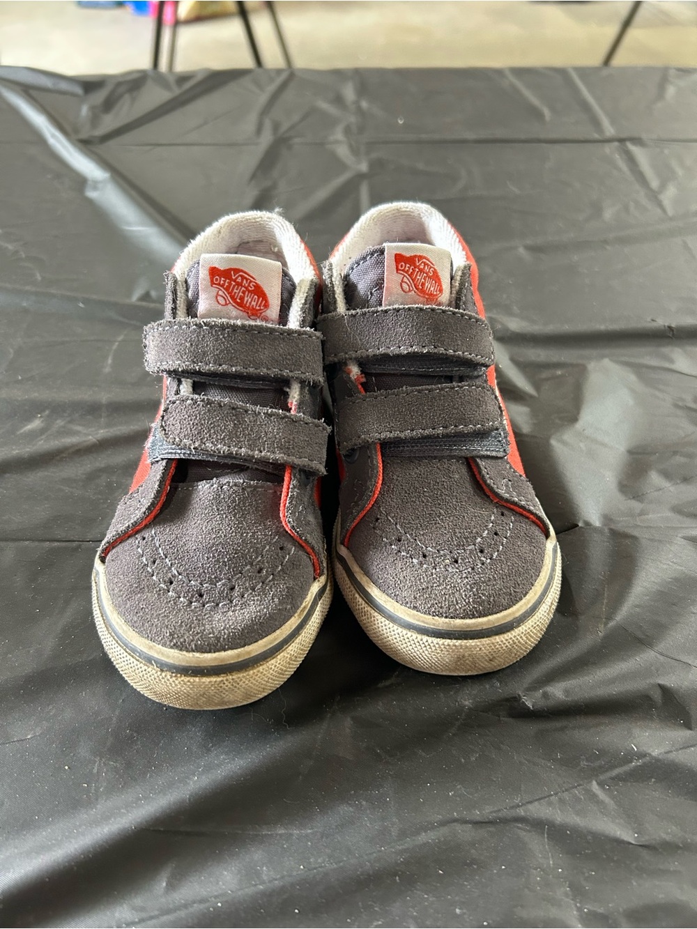 Vans Kids Gray and Red Suede Velcro Sneakers